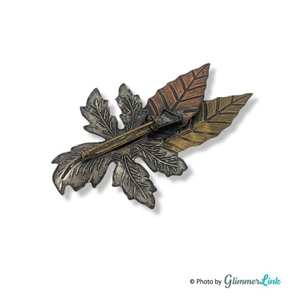 Oversized Mixed Metals Triple Leaf Fall Autumn Brooch - Picture 5 of 7